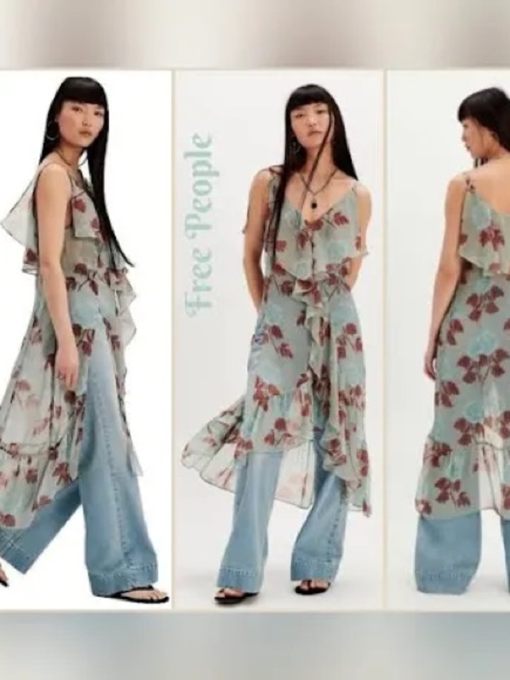 Free People Floral Ruffle Sheer Layered Top in Light Blue and Brown Floral